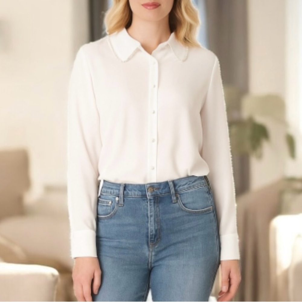 Anne Klein White Pearl Collar Blouse Size XL